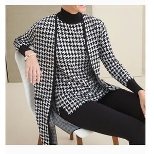 Chicos Houndstooth Knit Cardigan Tank Top Set Women Sz S Black White Mock Neck
